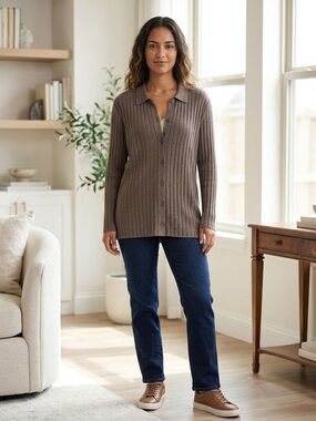 $89 NWT SOMA Recycled Yarn Button Up Cocoa Brown Cardigan Sweater Women's Size L